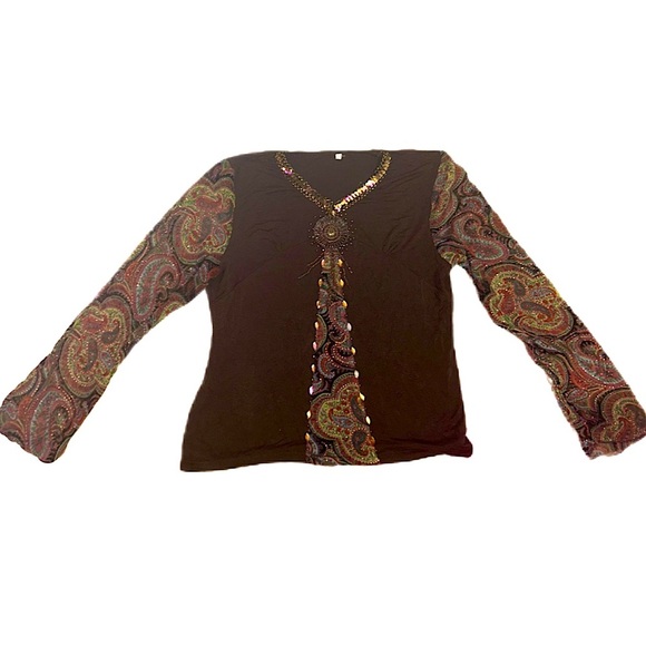 Vintage Brown Sequin Beaded Adorned Embellishments Top with Mesh Paisley Sleeves - Picture 8 of 8